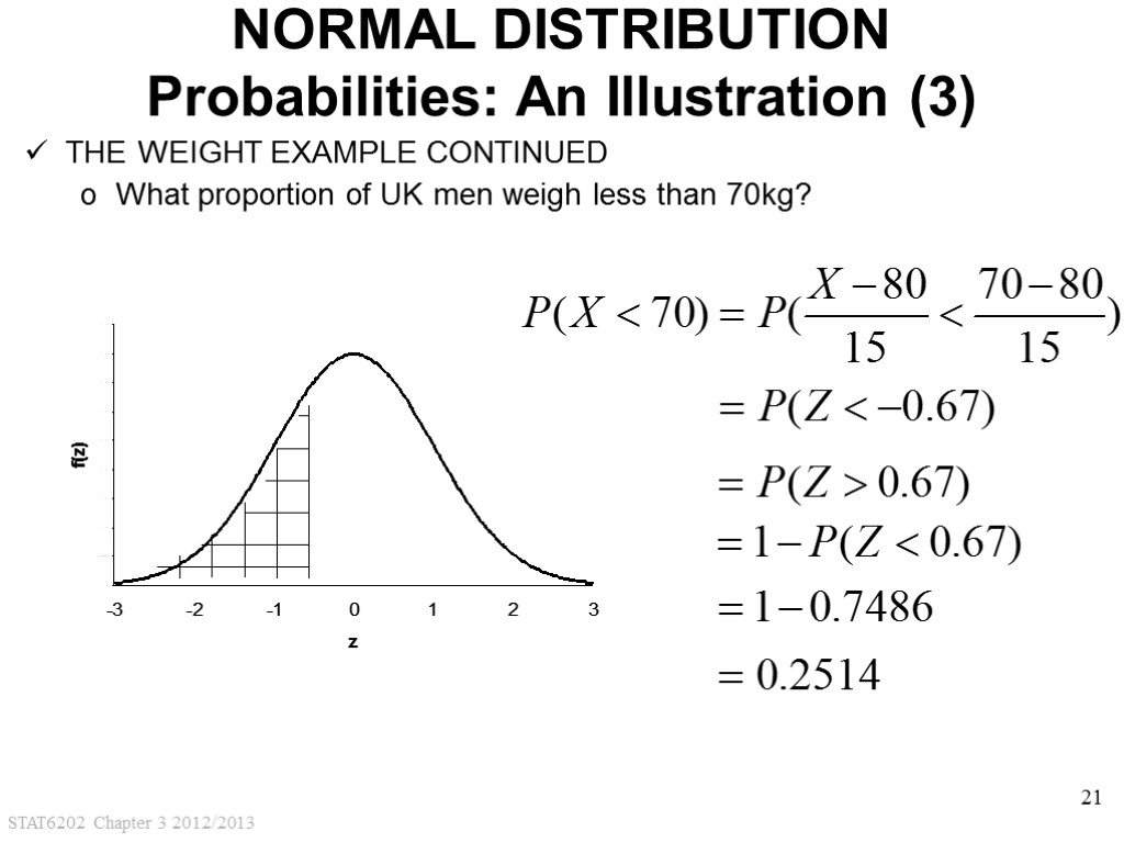 STAT6202 Chapter 3 2012/2013 21 NORMAL DISTRIBUTION Probabilities: An Illustration (3) THE WEIGHT EXAMPLE